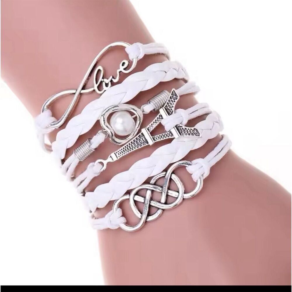 French-Themed Faux Leather Bracelet w/ Silver Charms & Pearl - 90’s